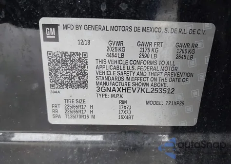 2019 Chevrolet Equinox Ls z USA, uszkodzony, nr VIN 3GNAXHEV7KL253512